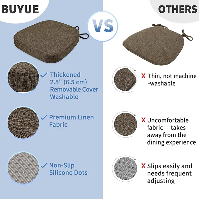 BUYUE Thickened 2.5" Friendly Woven Fabric Dining Chair Cushion, U-Shape High Density Foam Comfortable Chair Pad for Kitchen, Slip Resistant Indoor Seat Cushion (1 Piece, Brown)