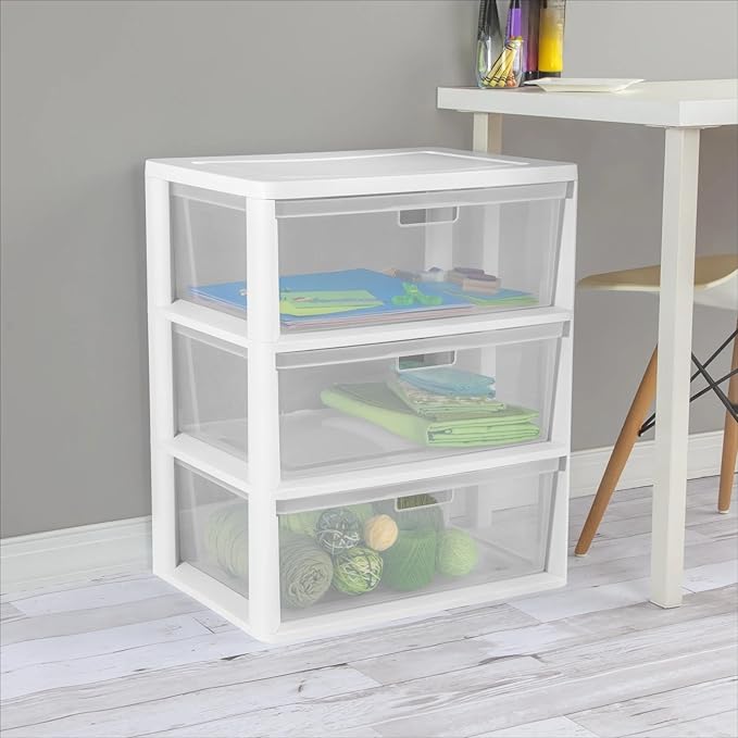Plastic Drawer Wide Tower Plastic Storage Cart with Clear Pull Out Drawers, Black (White, 3 Drawer Wide Tower Broad)