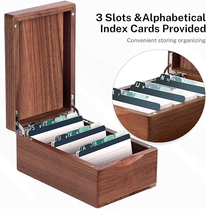 MaxGear Business Card Holder for Desk, 2.2" x 3.5" Walnut Wood Business Card Organizer, Index Cards Box Holds 300 Cards, 3 Divider Boards, Includes A-Z Tabs, Desktop Organizers for Office & Home
