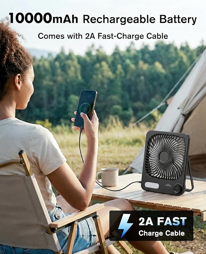 WHATOOK Small Desk Fan Rechargeable - 10000mAh Battery Operated Portable Fan with 100 Speeds & Night Light, Ultra Quiet Personal Desktop Fan for Bedroom, Office, Camping & RV Tent (Black)