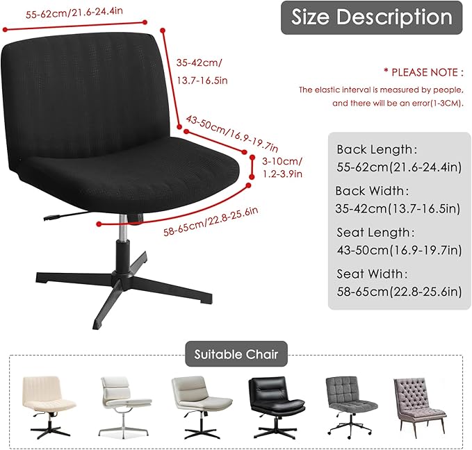 Criss Cross Chair Cover Black Armless Wide Back Chair Cover Water Resistant Stretchable Slipcover for Wide Seat Desk and Vanity Chairs Washable