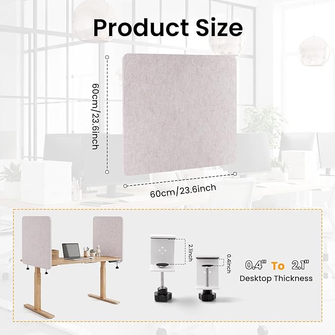 Desk Divider, Clamp On Felt Desk Privacy Panels, Acoustic Sound Absorbing Desk Partition for Office Desk, Reduce Distractions, Oatmeal, 2 Pack, 24 x 24 in