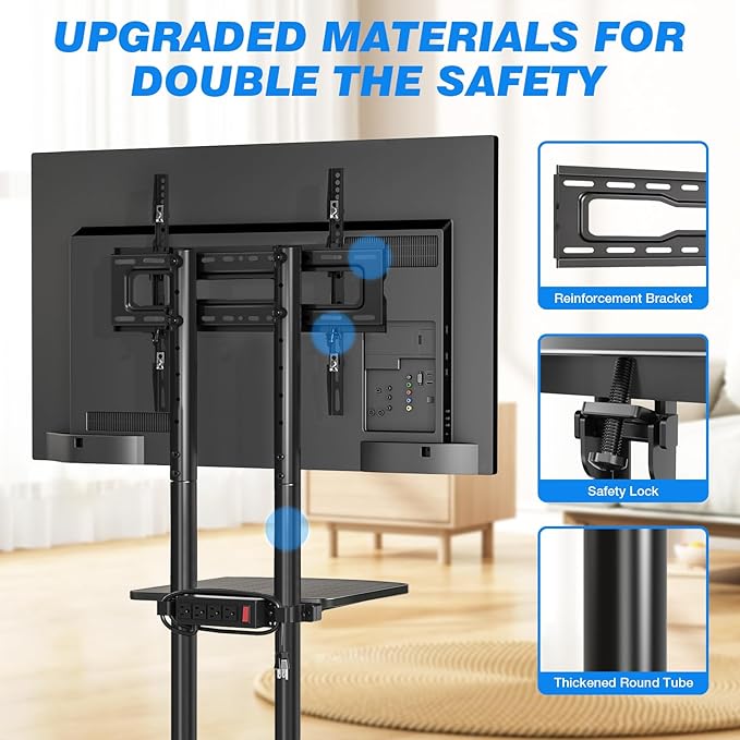 Rfiver Mobile TV Cart Rolling TV Stand with Power Outlet for 32-75 Inch Screens, Portable TV Stand on Wheels with Height Adjustment, Outdoor TV Mount Stand with Shelf Holds up to 88lbs for Home Office
