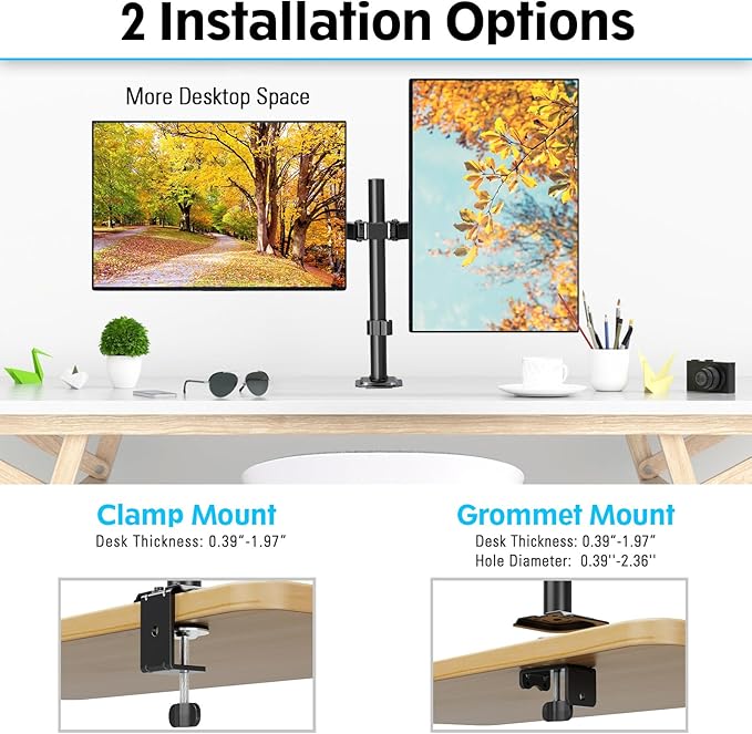 MOUNTUP Dual Monitor Stand Fits Max 32 Inch Screen up to 17.6lbs, Dual Monitor Desk Mount, Fully Adjustable Dual Monitor Arm for 2 LCD Screens, Double Monitor Stand with C-Clamp and Grommet Base