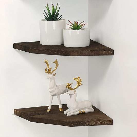 Joiishom Wood Corner Wall Shelves Set of 2, Solid Wood Corner Floating Shelves, Round End Wall Mounted Floating Corner Shelf for Bedroom, Living Room and Kitchen. (Brown-12 inch)