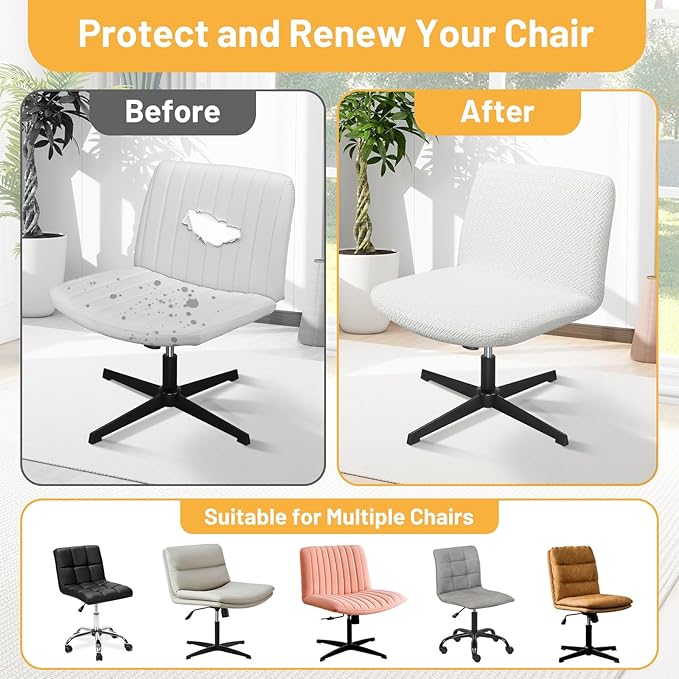 Criss Cross Chair Cover, White Slipcover Armless Office Vanity Computer Chair Cover，Stretch Mid Back Wide Seat Swivel Slipper Chairs Protector Jacquard for Bedroom（Only Covers, No Chairs）