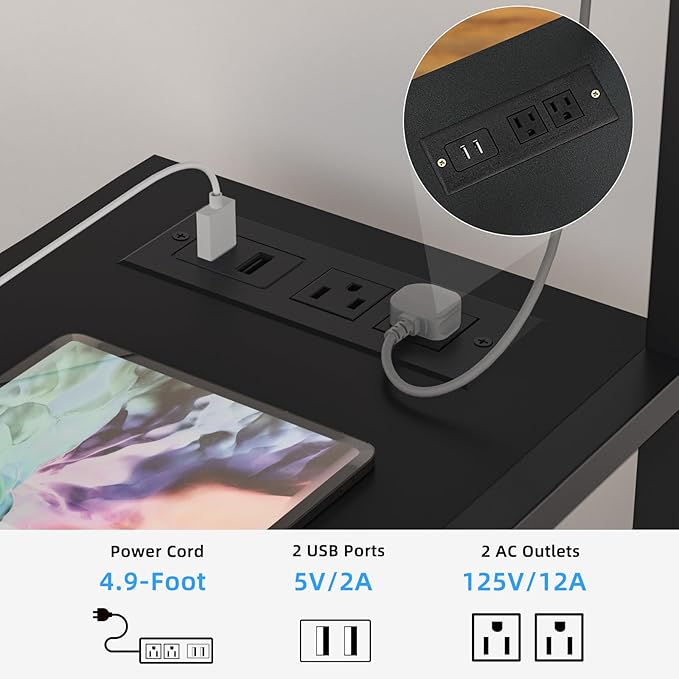 Lerliuo Printer Stand with Charging Station and USB Ports, Large 3-Tier Mobile Printer Table with Storage Shelf, Black Rolling Industrial Printer Cart with Lockable Wheels for Home Office