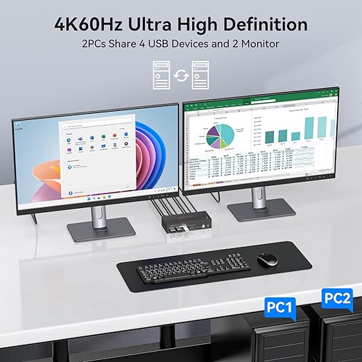 HDMI KVM Switch 2 Monitors 2 Computers Support 4K@60Hz USB 3.0 KVM Switches Share Dual Monitors and 4 USB 3.0 Ports Support Extended/Copy Mode with DC 12V Adapter&Wired Controller