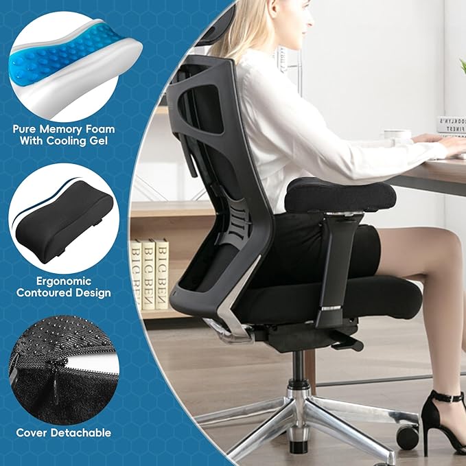 Ergonomic Memory Foam Chair Armrest Pads with Cooling Gel - Non-Slip Elbow Support Cushion for Office/Gaming/Desk Chairs, Washable Cover, Set of 2