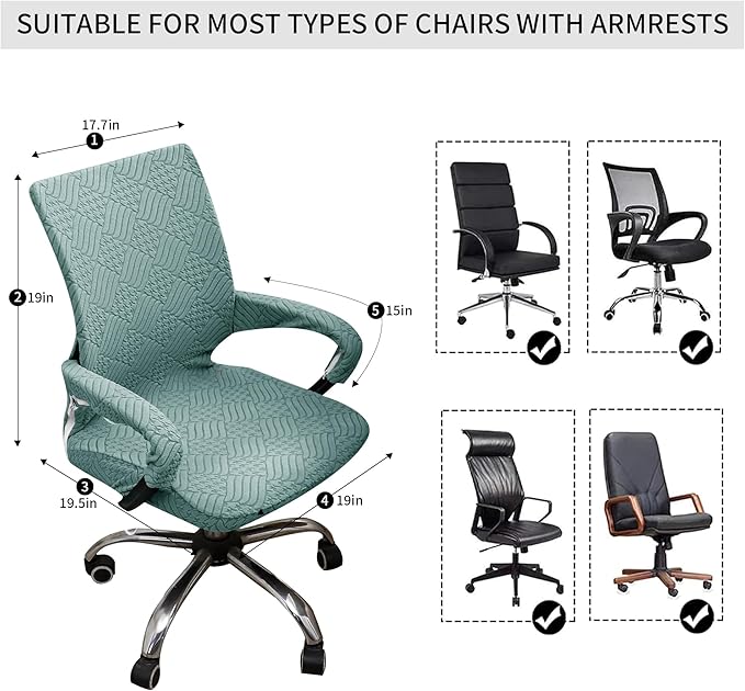 Green Office Chair Cover with Armrest Cover 18Inch Wide Stretch Jacquard Patterned Small Desk Computer Chair Covers with Long Zipper Arm Slipcovers Washable