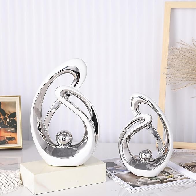Silver Ceramic Home Decor, Ceramic Abstract 2 Piece Set, Mid-Century Modern Art Decor and Accessories, Living Room Coffee Table Dining Table Center Foyer Entry Table Decoration