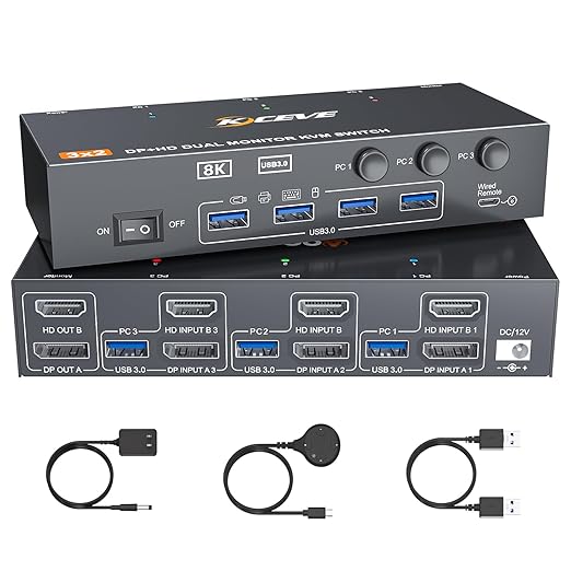 HDMI DP KVM Switch 2 Monitors 3 Computers 8K@60Hz 4K@144Hz,with 4 USB 3.0 Ports for 3 PC Sharing 2 Monitors Keyboard Mouse Printer with 2 USB Cables, Power Adapter and Controller,Black