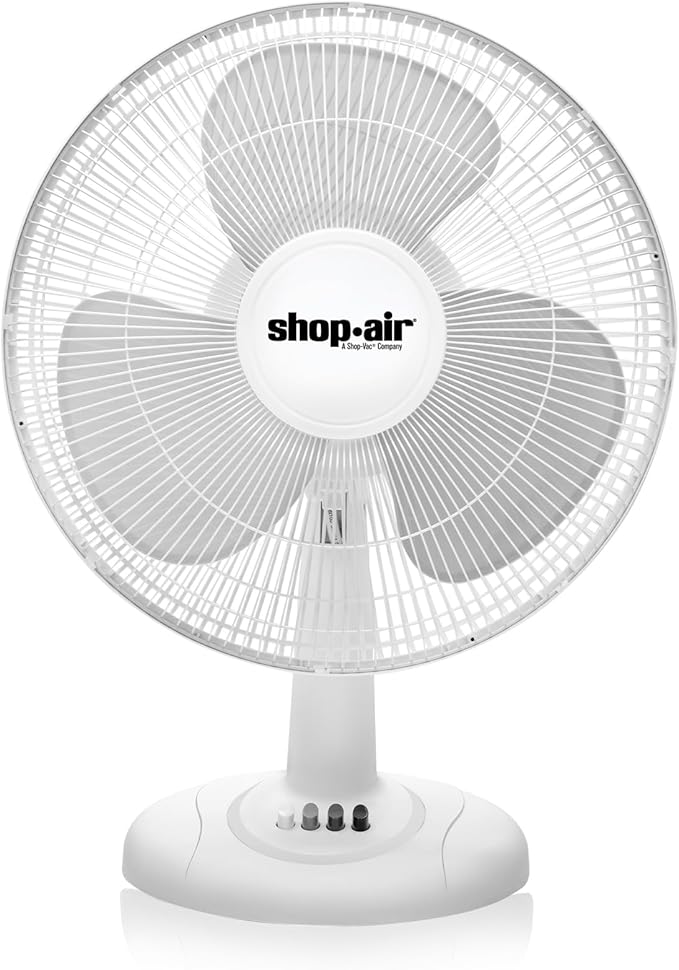 Shop-Air 12" Oscillating Table Fan, 3 Speeds, High-Velocity, Quiet & Powerful Air Circulation, 70° Adjustable Head Tilt,Ideal for Home, Bedroom or Office, White