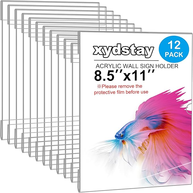 xydstay 12pack 8.5 X 11 Wall Mount Acrylic Sign Holder with Tape, Clear Plastic Menu Holder, Unbreakable Table Sign Holder for Office, Restaurant, Store, School and Home Use with Notch