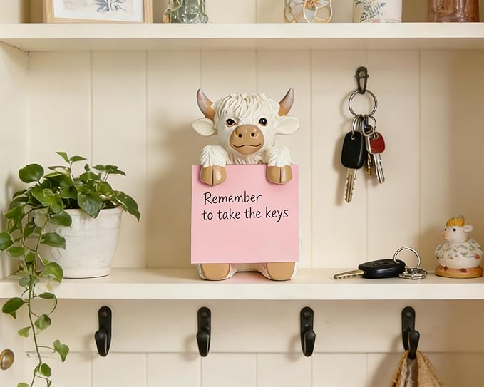 Highland Cow Pop-up Sticky Note Dispenser, Includes 1 Pad of 3x3 in Super Sticky Notes, 100 Sheets, Resin Cute Handmade Desk Holder for Office & Home-Beige