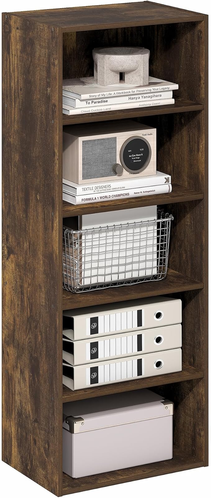 Furinno Basic Book Shelf, 5-Tier Bookshelf, Storage Organizer Bookcase with Open Shelf, 11 x 17 x 44, for Living Room, Bedroom, Home Office, Amber Pine