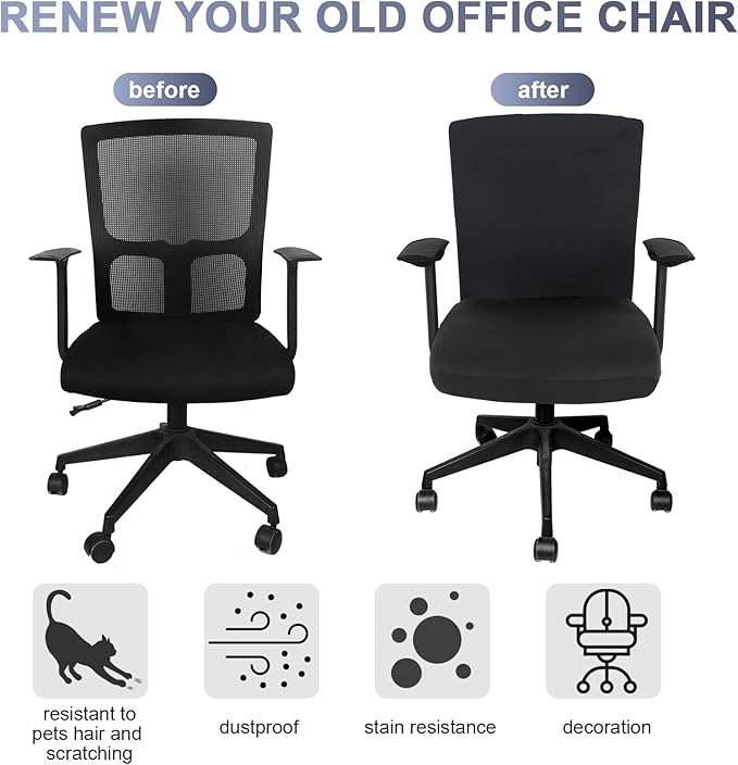 Tallew 4 Pcs Office Chair Covers Set Computer Universal Protective Stretchable Chair Seat Covers Desk Armrest Cover Pads Office Cushion Backrest for Rotating(Regular,Black)