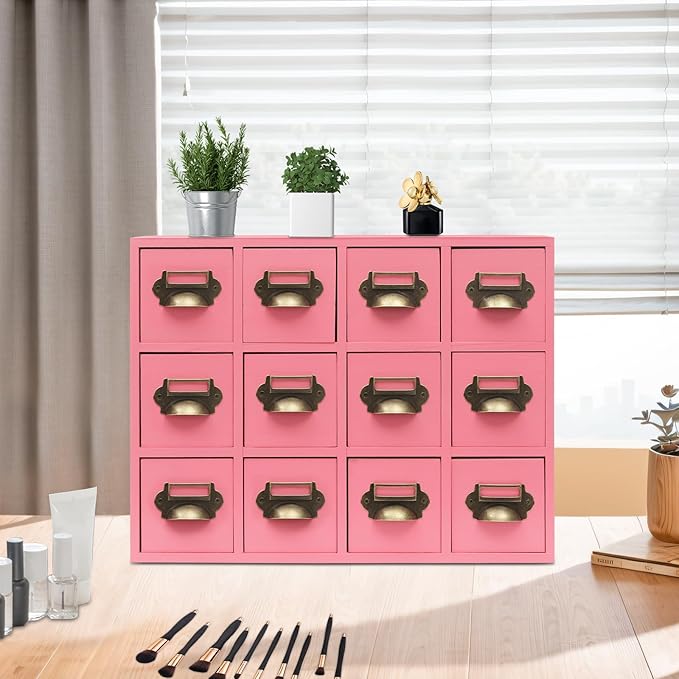 12 Drawer Drawers Storage Cabinet, Wooden Medicine Cabinet Desktop Drawer Organizer Herb Storage Box with Solid Wood Build & No Assembly for organize spices medicines jewelry cosmetics(Pink)