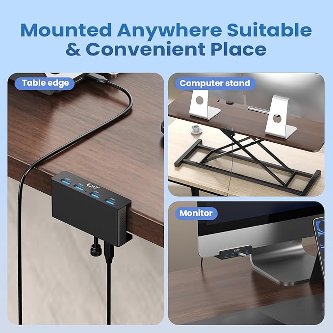 EJAY 4-Port USB 3.0 Hub with Clamp, High-Speed Data Transfer, Extra Power Supply Port, 59in Data & 39in Power Cables for Desk/Monitor