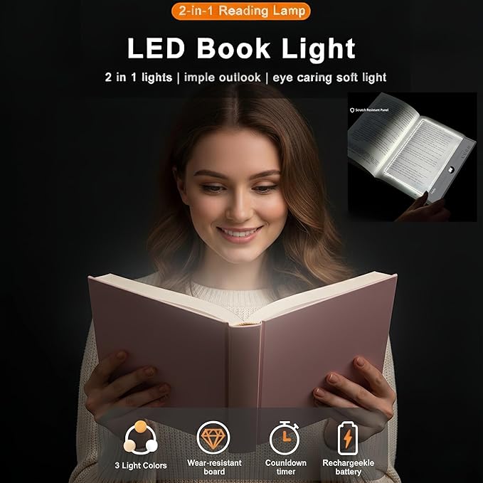 XL LED Reading Book Light Page, Eye-Caring Dimmable Lights for Books in Bed, 3 Color & Stepless Dimmable, USB Portable Flat Panel Lamp Page, Night Light for Kids & Adults (Matte White)