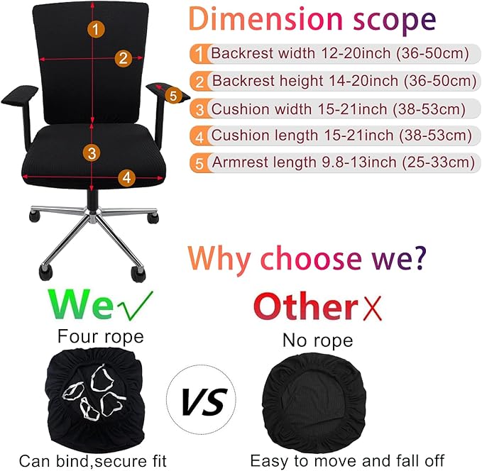 4Pcs Office Chair Covers Stretchable Set Desk Chair Cover Computer Chair Cover with 4 Non-Slip Elastic Straps Protective Armrest Slipcovers Pads Backrest Cushion for Rotating Chair (Black)