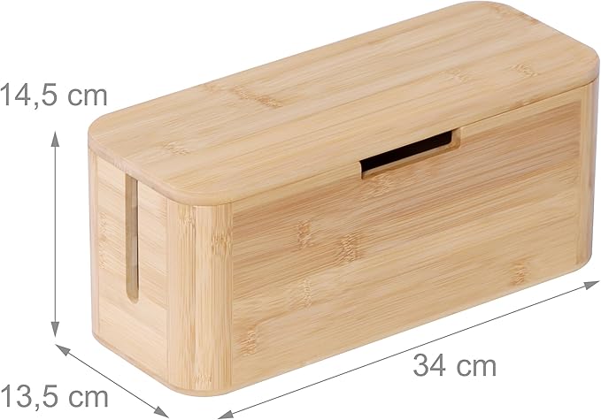 Relaxdays Cable Box for Power Strip, Bamboo, Magnetic Lid, HBT 14.5 x 34 x 11 cm, Hide Cables, Socket Box, Natural
