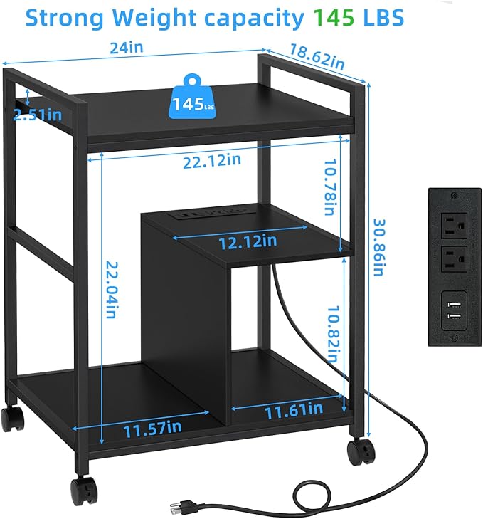 Lerliuo Printer Stand with Charging Station and USB Ports, Large 3-Tier Mobile Printer Table with Storage Shelf, Black Rolling Industrial Printer Cart with Lockable Wheels for Home Office
