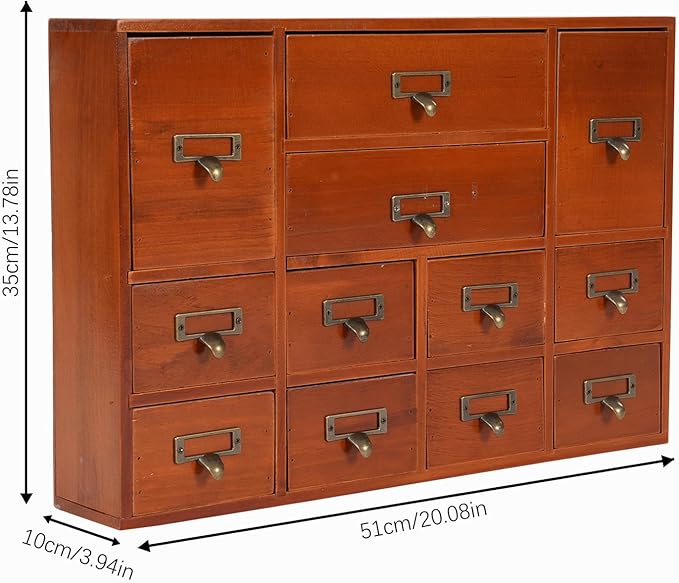 Vintage Desktop Apothecary Cabinet with 12 Drawers,Wood Desktop Organizers Stackable Drawers Desktop Chest Drawer for Herb Storage,Tea Collection,Stationery (12 Drawers,Brown)