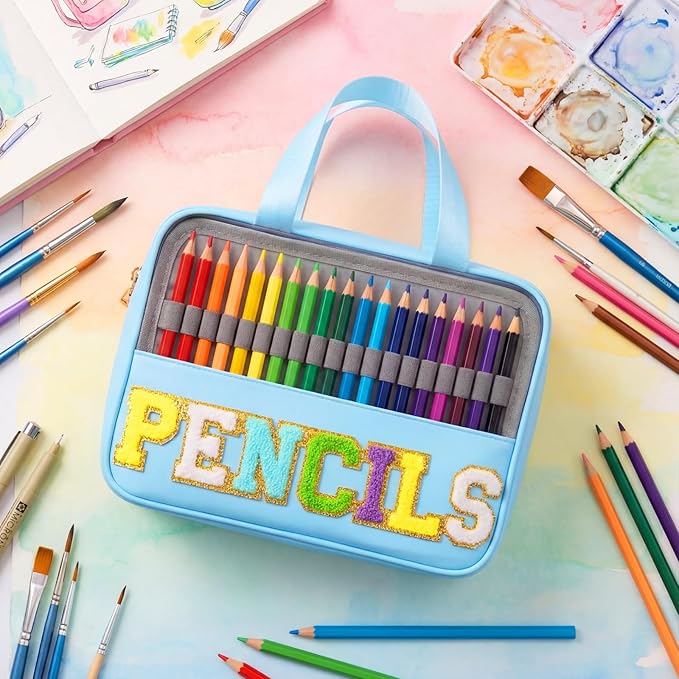 Hillban 108 Slots Large Colored Pencil Case with Chenille Letter Patch Extra Large Capacity Interlayer Pencil Holder Organizer with Handle Zipper Portable Storage Bag Graduation Gift for Artist(Blue)
