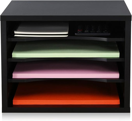 FITUEYES Wood Desk Paper Organizer with 4 Tiers Storage, Desktop File Holder, Document Letter Sorter Tray with Adjustable Shelves, Home Office Wooden Mail Rack, Black