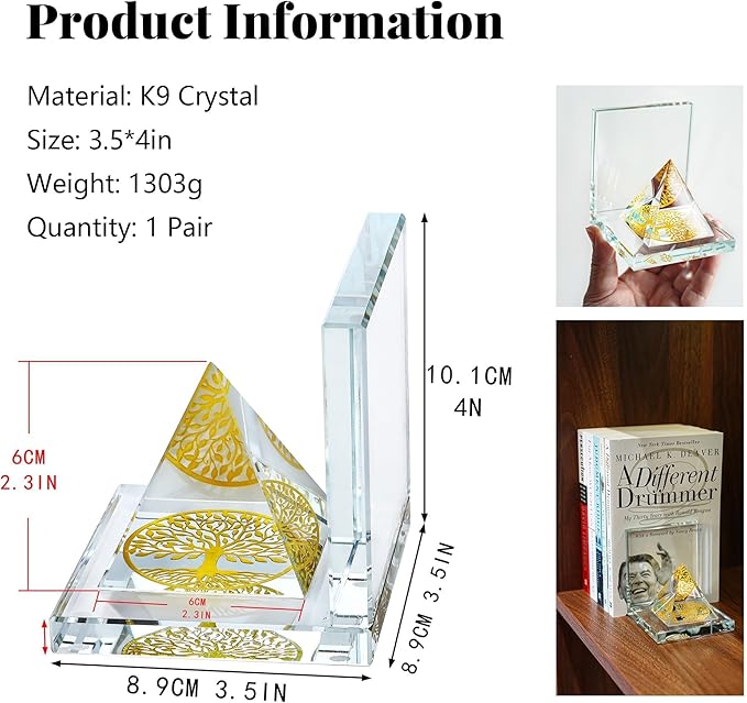 Crystal Bookends for Shelves 1 Pair, Glass Decorative Book Ends for Heavy Books, Non-Skid Book Stopper for Home Office School Supplies