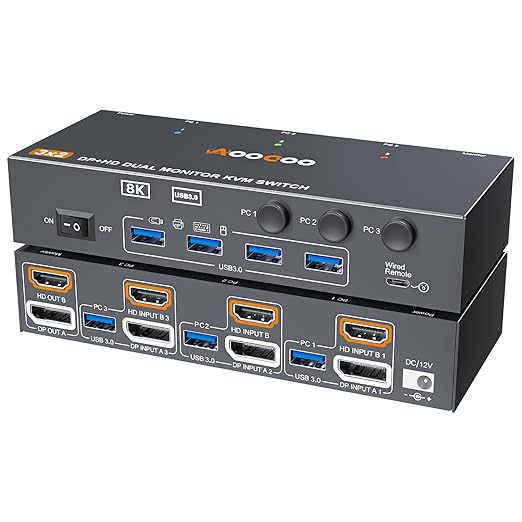 KVM Switch 2 Monitors 3 Computers 8K@60Hz/4K144Hz,DP+HDMI USB3.0 Dual Monitors KVM Switches with 4 USB 3.0 Port,Wired Remote,USB3.0 Cables Included(8K 3 PC 2 Monitor KVM)
