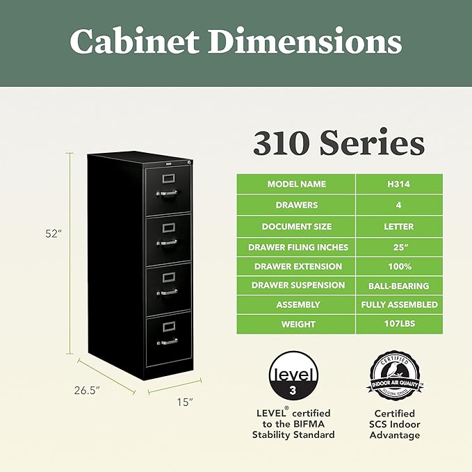HON 4 Drawer Vertical File Cabinet with Lock, Metal Filing Cabinets with 4 Drawers for Hanging Files and Letter Files, 26.5" Deep, Black