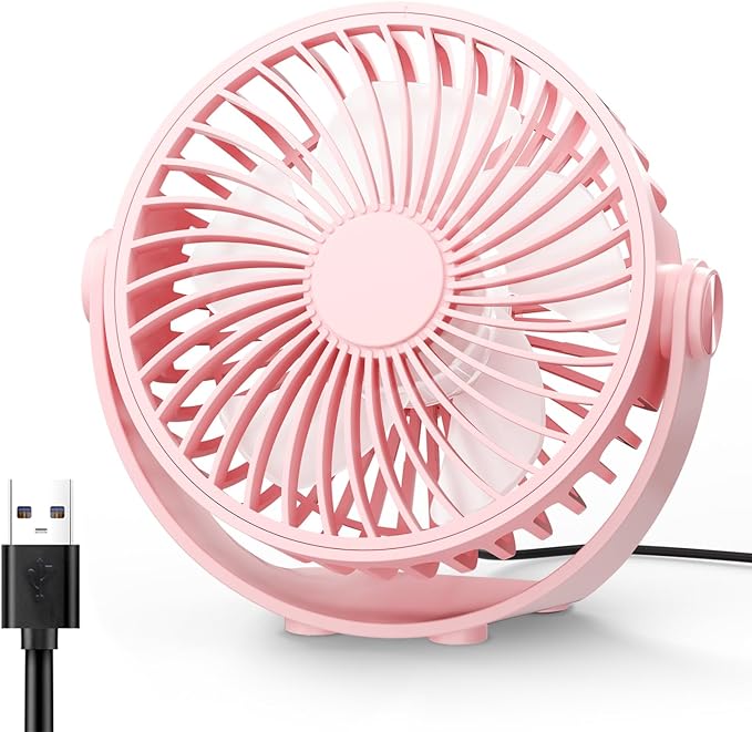 Edvision USB Desk Fan, 5 Inch Mini Portable, 3 Speeds Strong Airflow Personal Desktop, Detachable Cooling Fan 360° Rotation Quiet Small Fan for Desk Home Office Travel Car, Pink, 5ft Cable