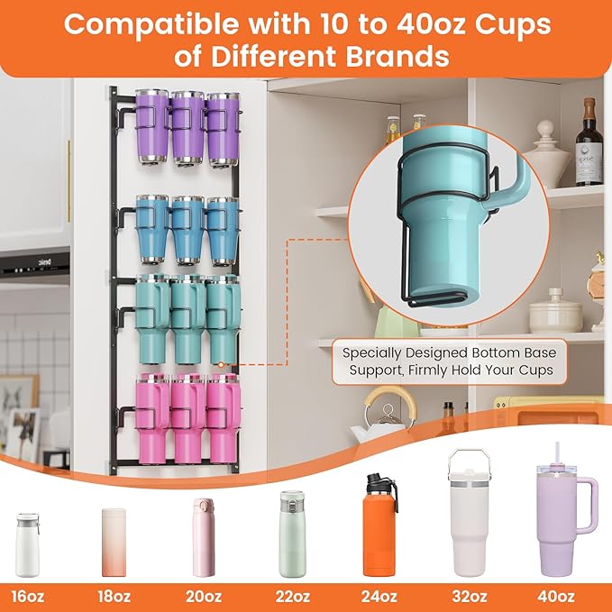 Housolution Water Bottle Organizer, 4 Tier Heavy Duty Metal Tumbler Storage Organizer for 10 to 40 oz Cups, Wall/Door Mounted Hanging Cup Holder Rack Compatible with Stanley and Other Brands