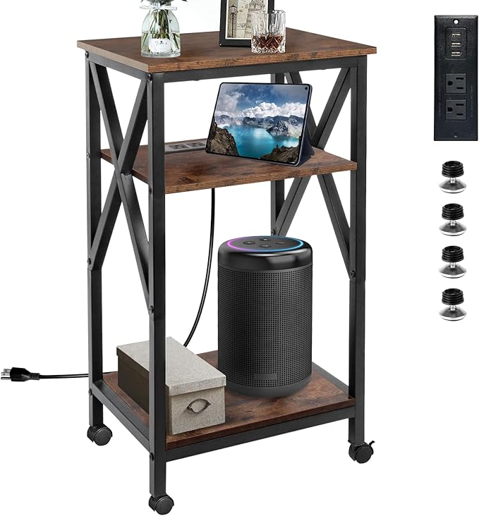 TooCust 3 Tier End Table with Charging Station, 16" W x 12" D x 28" H, Metal and Brown Bedside Table with USB Ports and Outlets, X-Shaped Side Tables with Wheels for Living Room, Bedroom, Kitchen