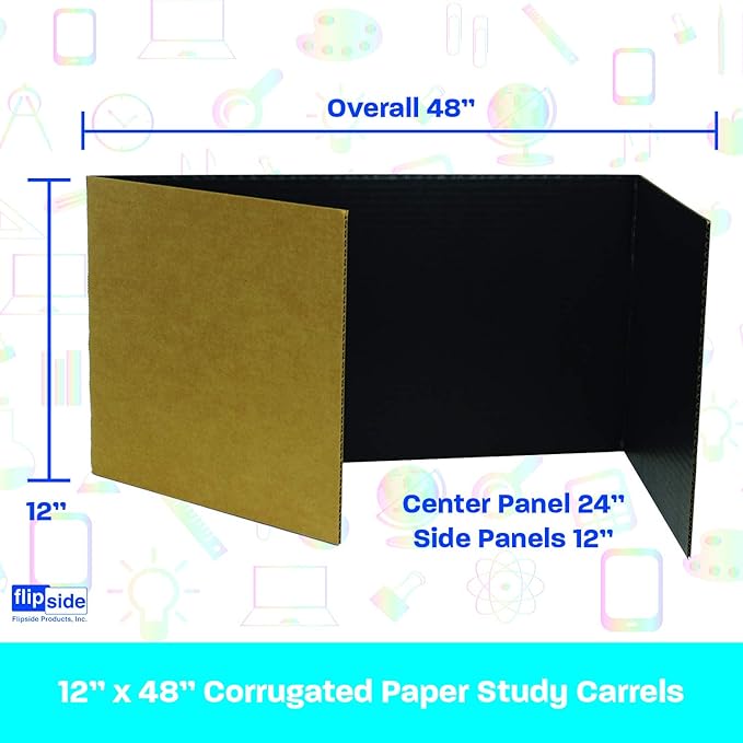 Flipside Products 12”x 48” Black Study Carrel, Privacy Boards, Student Privacy and Focus Booth for The Classroom, Desk Divider Cubby for Tests, Made in USA - 24 Pack
