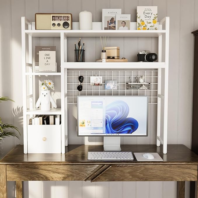 Desk Hutch for Computer Monitor,Desktop Bookshelf Organizer,4 Tier Desk Hutch with Grid Panel,38.6" Desk Shelf Storage Rack for Home Office,Study,Dorm,White