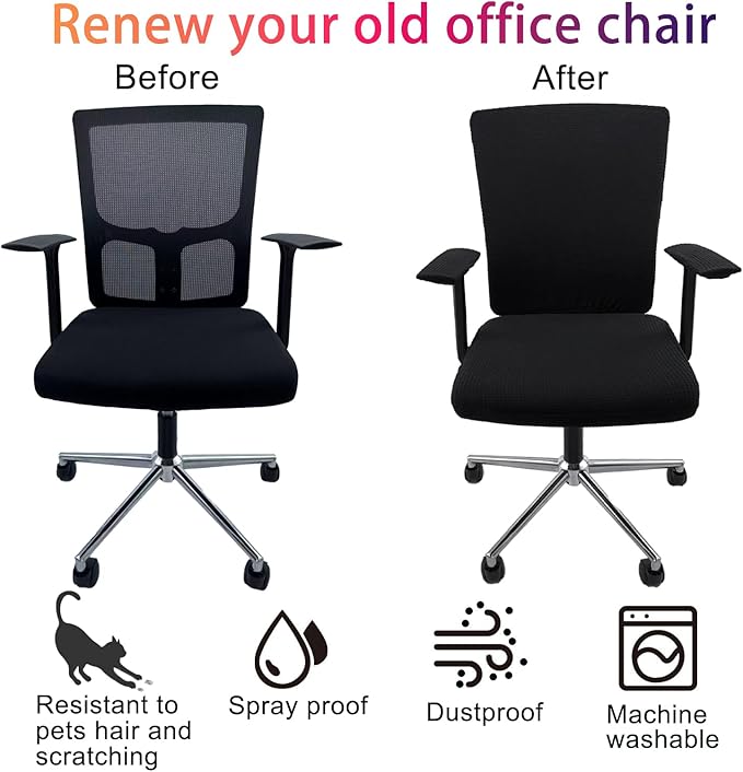 4Pcs Office Chair Covers Stretchable Set Desk Chair Cover Computer Chair Cover with 4 Non-Slip Elastic Straps Protective Armrest Slipcovers Pads Backrest Cushion for Rotating Chair (Black)