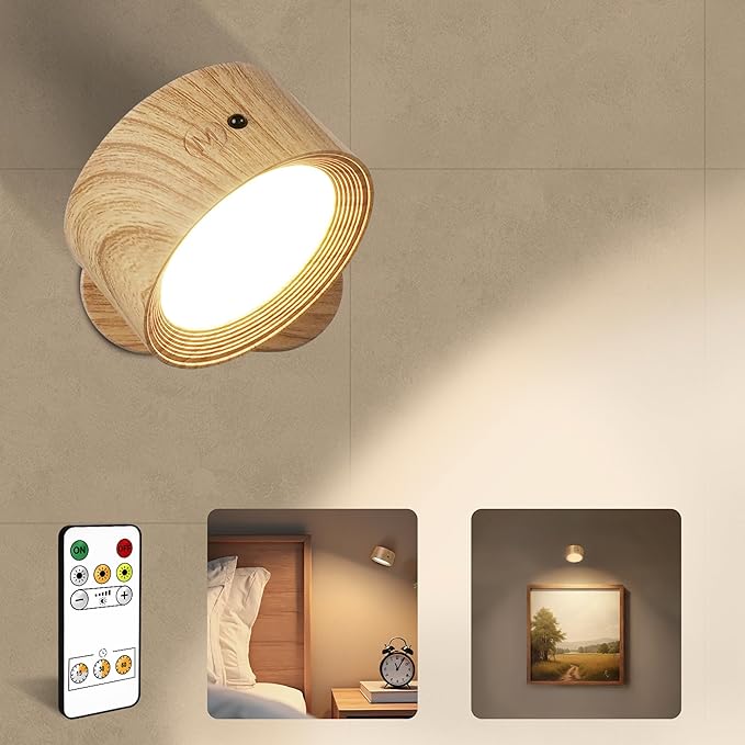 LED Wall Mounted Lights, Rechargeable Wall Sconce Lamps, 3 Color Temps & Remote and Touch, 360° Rotation Dimmable Cordless Wall Light for Study Bedroom Reading Bedside (Wood, 1 Pack)