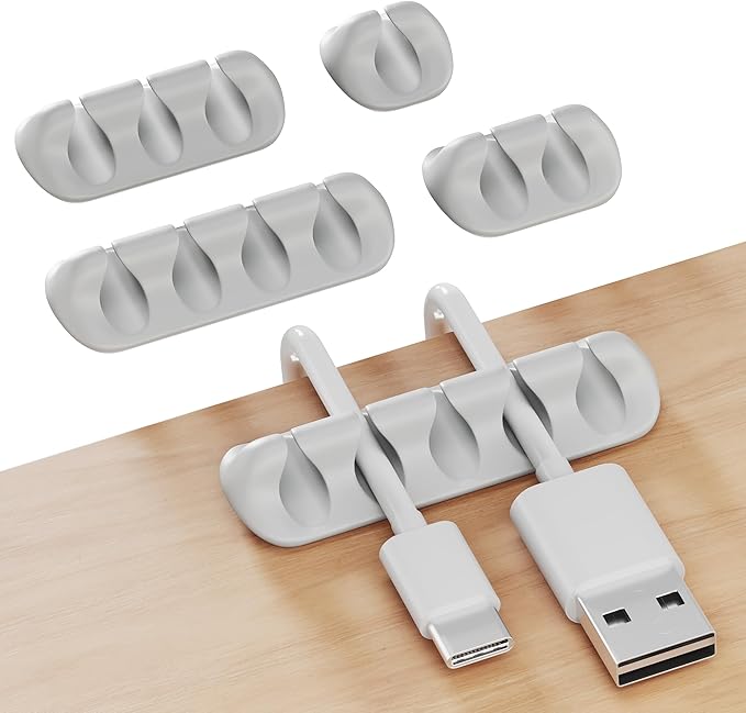 GLUIT Cord Organizer for Desk, Cable Holder for Nightstand, Charger Organizer, Adhesive Desktop Wire Clips, Multislot Cable Management, Table Organizer Accessories - 5 Pack, 15 Slots, Grey