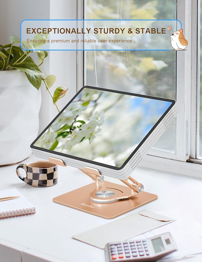 Aoviho Tablet Stand 360° Rotating Aluminum Holder, Adjustable, Portable and Foldable Monitors Stand for iPads, Compatible with 4-12.9" Tablets, Golden