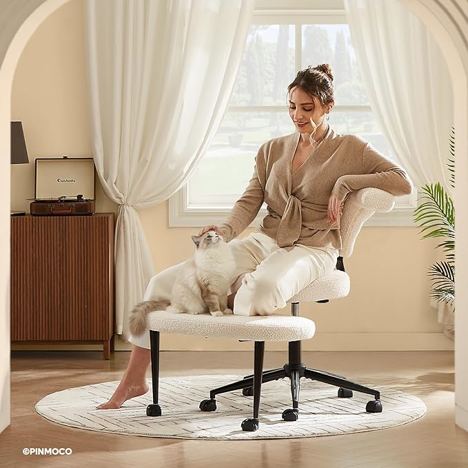Pinmoco Ergonomic Cross Legged Office Chair Extra Wide for ADHD and Meditation, Kneeling Chair with 360° Swivel Wheels and Reversible Seating, Adjustable Height and Seat Deapth, Teddy Fabric, White