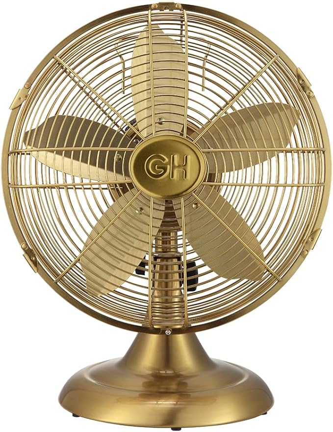 Good Housekeeping 92613 All-Metal 12" Retro Desk Office Table Fan with Wide Oscillation, 3-Speed Settings & Carrying Handle, Satin Brass