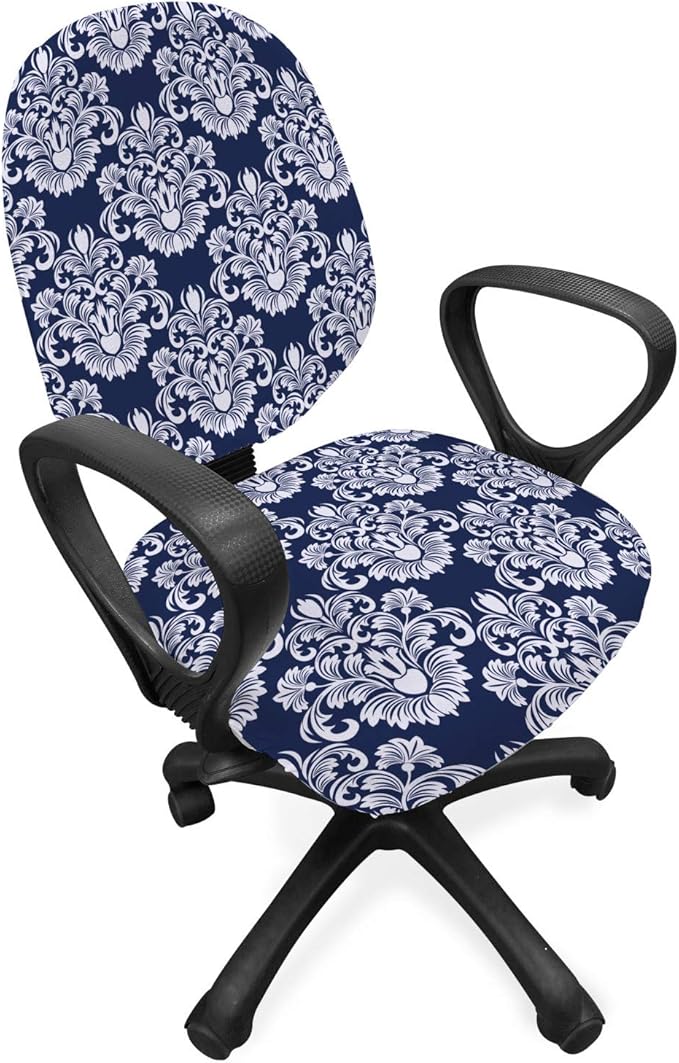 Ambesonne Damask Office Chair Slipcover, Abstract Floral Vintage Antique Victorian Design Renaissance Flourish Print, Decorative Stretch and Washable Fabric Cover, Standard Size, Dark Blue White
