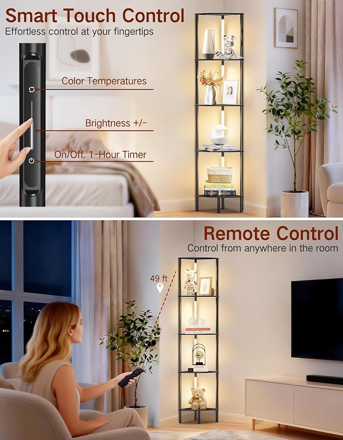 5-Tier Corner Bookshelf with LED Lights, Touch & Remote Control, 3 Color Temperatures, Dimmable Narrow Display Shelf with 1-Hour Timer for Living Room, Bedroom, Office(Black)