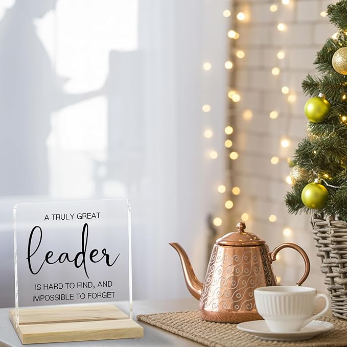 Gifts for Boss Desk Decor Sign, Acrylic Plaque Gift for Coworker Leader, Great Leader is Hard to Find Sign