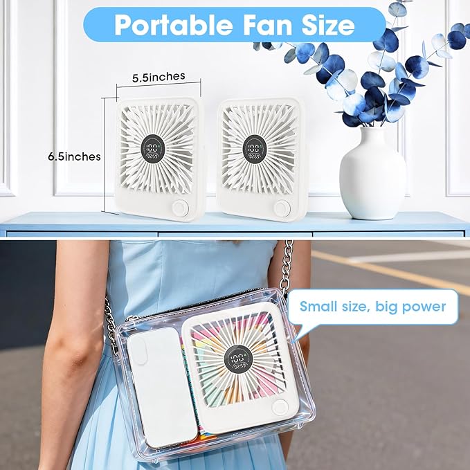 Ouddy Mode 2 Pack Small Desk Fan, Rechargeable Quiet Portable Travel Fan with 100 Wind Speeds Digital Display White Personal Fans for Office Bedroom Home Outdoor
