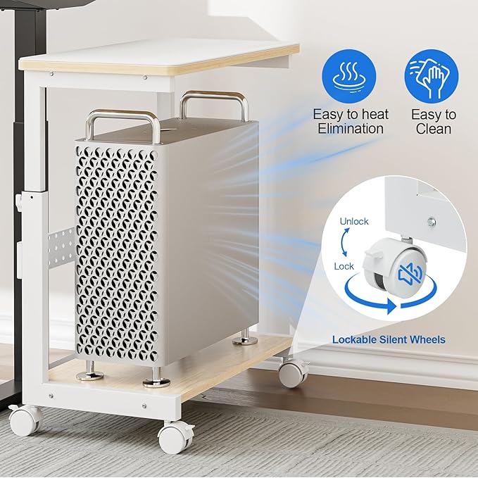 Height Adjustable Computer Tower Stand, 2-Tier ATX-Case CPU Holder with Mouse Pad & Headphone Stand, Mobile PC Standing Under Desk, Home Office Gaming Accessories, Computer Cart Wheels, Maple