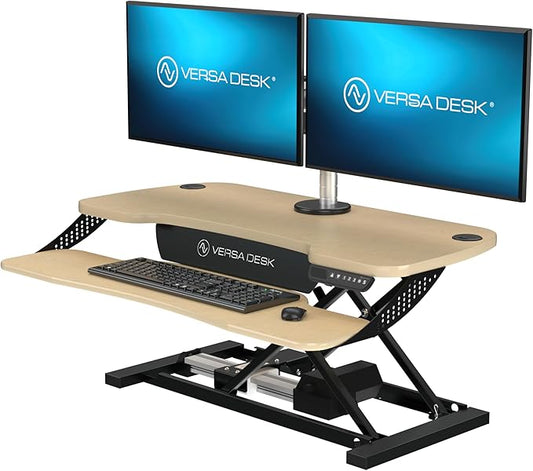 VERSADESK® PowerPro™ Elite 36” x 24" – App Controlled Electric Standing Desk Converter w/USB Charging Port. Raises up to 20”. Fully Assembled – Includes LED Lights. Supports 80 lbs. – Maple